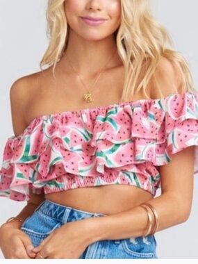 SHOW ME YOUR MUMU Watermelon Print Off The Shoulder Cropped Top